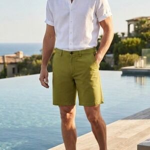 Saltaire Mens 32 Silk Blend Flat Front Chino Bermuda Shorts Lime Green 32